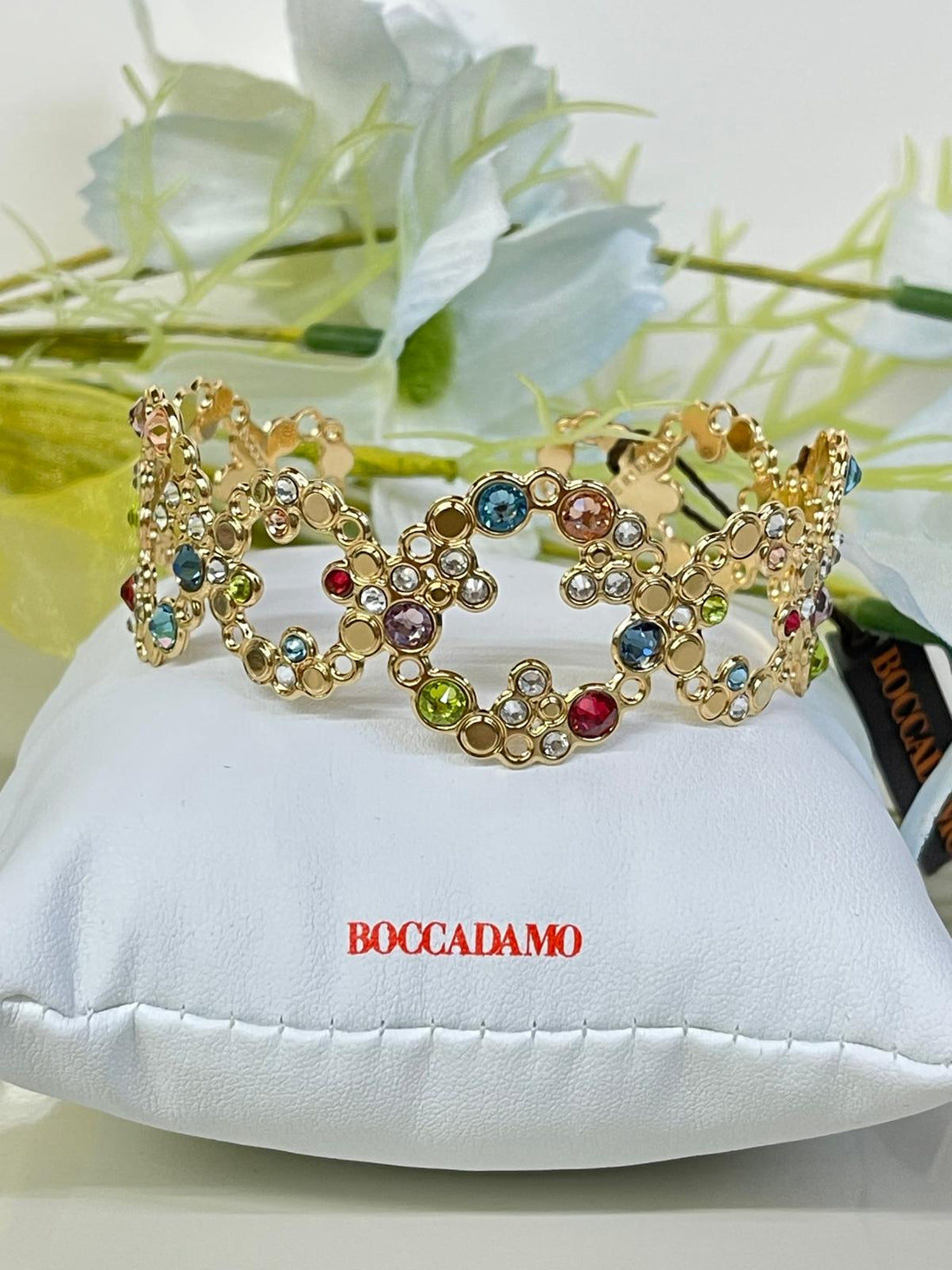 bracciale rigido dorato in acciaio con Swarovski Multicolor